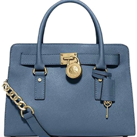 MICHAEL Michael Kors Handbags - MICHAEL KORS HAMILTON NAVY BLUE GOLD SAFFIANO LEATHER SATCHEL BAG